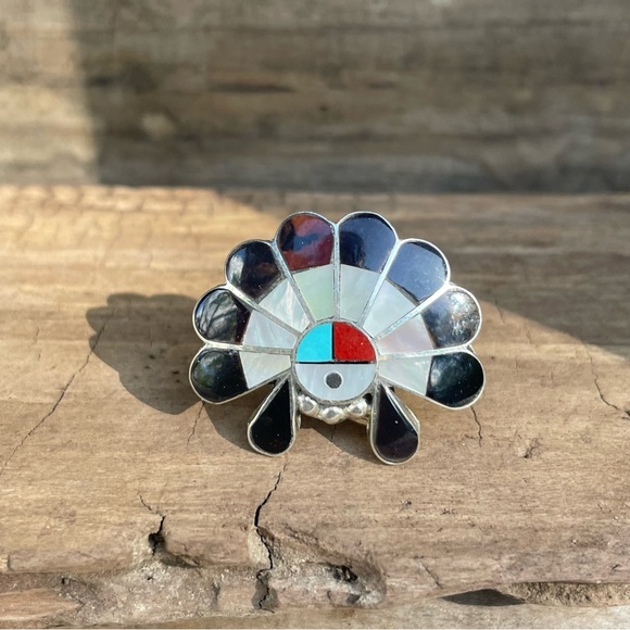 Vintage Signed Zuni Inlay Sun Face Pendant Pin Turquoise Coral Onyx MOP TigerEye - Picture 12 of 12